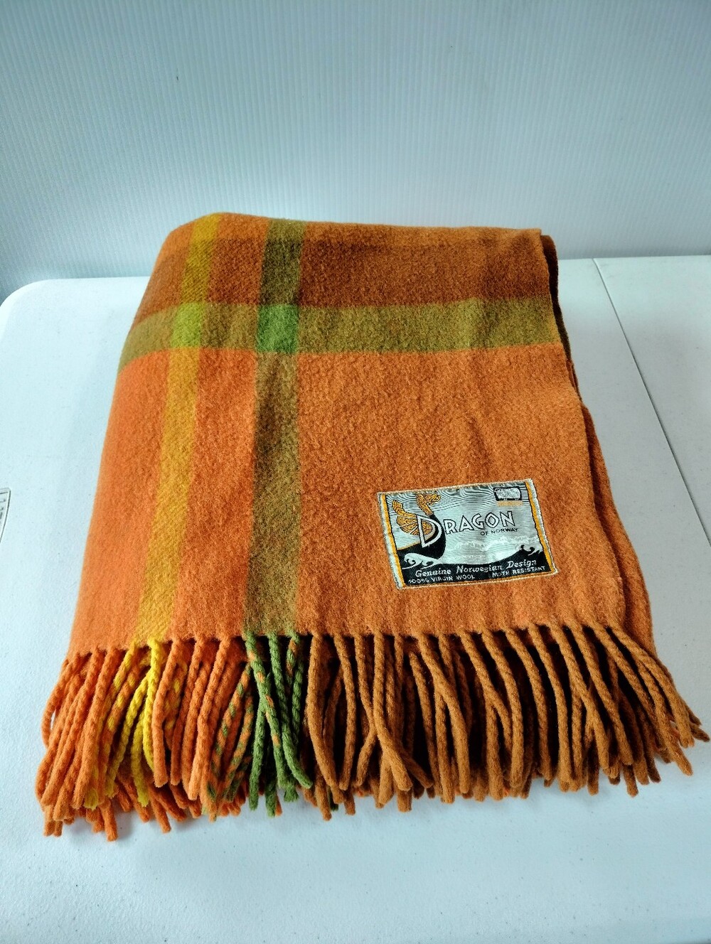 Dragon Of Norway Virgin Wool Moth Resistant Fringe Orange Green Throw Blanket